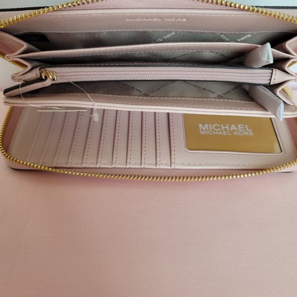 MICHAEL KORS Signature Logo Jet Set Travel Continental Wallet/Wristlet-Pwr Blush - Picture 13 of 16